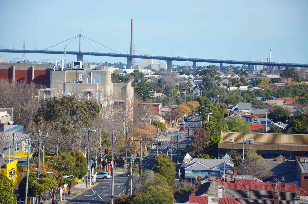 Aerial view of Footscray and the West Gate Bridge.